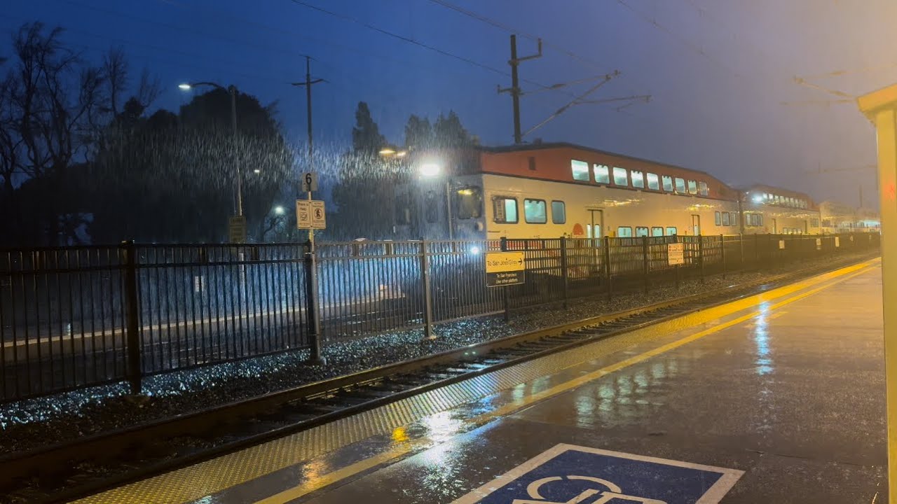 The Complete Caltrain Evening Rush Hour at California Avenue on March 1, 2023 in the rain