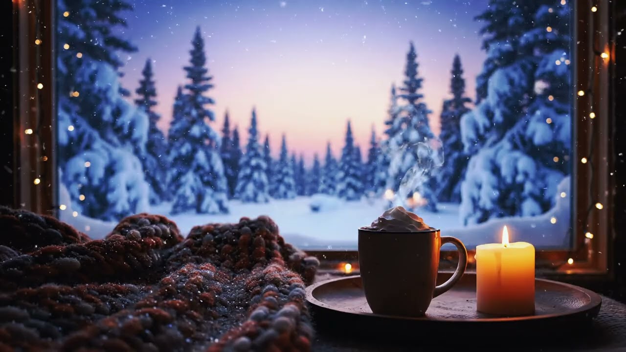 Cozy Winter Window View with Hot Chocolate & Candle | 4K Relaxing Ambience for Sleep, Study