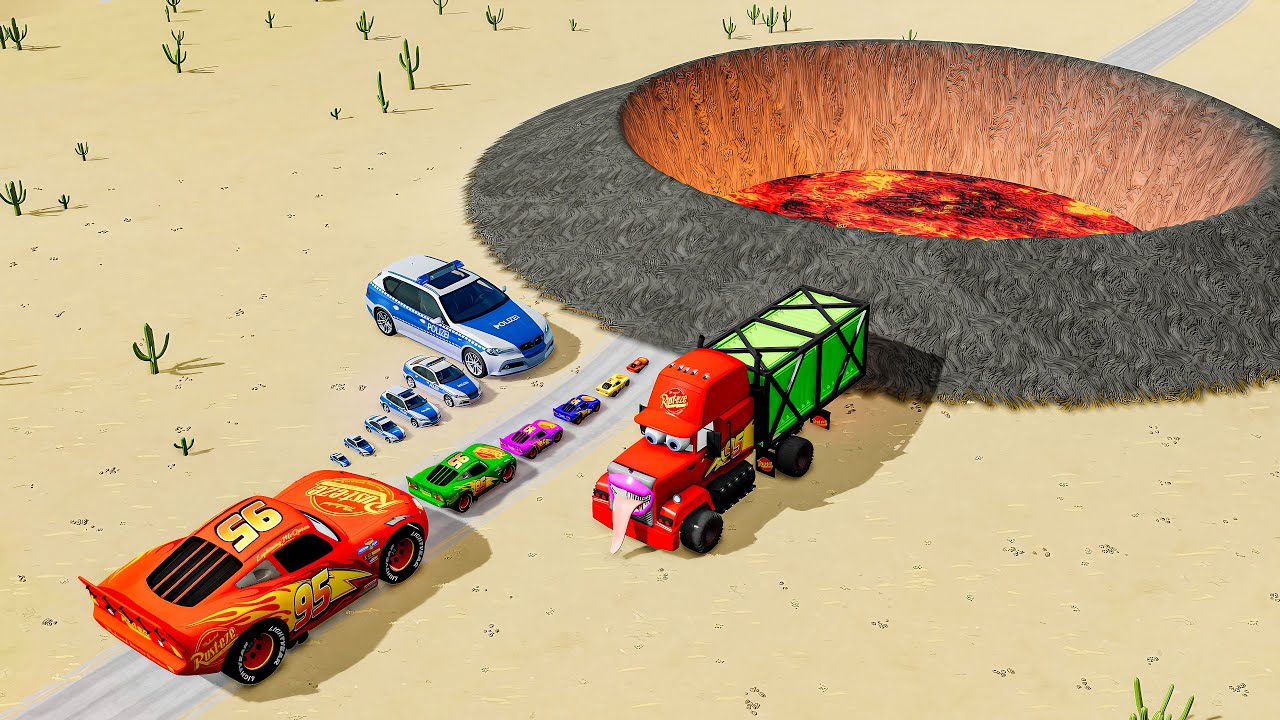 Big & Small McQueen, Police Cars & Zombie Mack vs Giant Lava Pit – BeamNG.drive