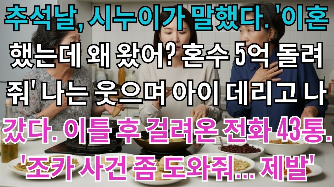 추석날,시누이가 말했다.'이혼했는데 왜 왔어?혼수 5억 돌려줘'나는 웃으며 아이 데리고 나갔다.이틀 후 걸려온 전화43통.'조카 사건 좀 도와줘...제발'