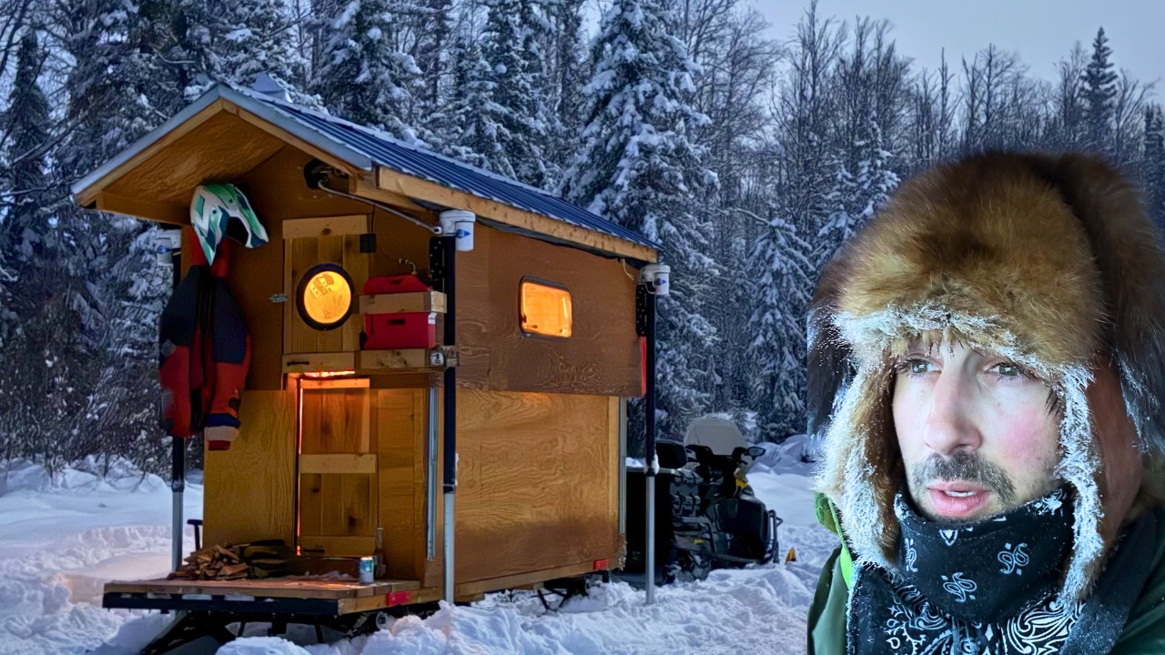 2 Days Alone in Alaska - Winter Camping in my Cozy Collapsible Snowmobile Cabin