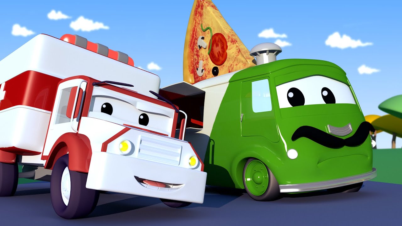 Amber la Ambulancia - Carlo el PIZZERO SE CAE en la LLUVIA - Dibujos Animados Educativos