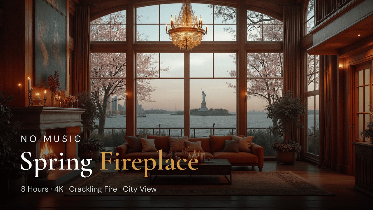 Spring Fireplace No Music 🔥🗽 Cozy New York Mansion with Statue of Liberty View | 8 Hours 4K