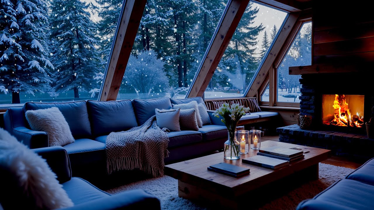 Winter Piano Music in a Cozy White Room ❄️ Snowy Window & Fireplace Ambience for Stress Relief