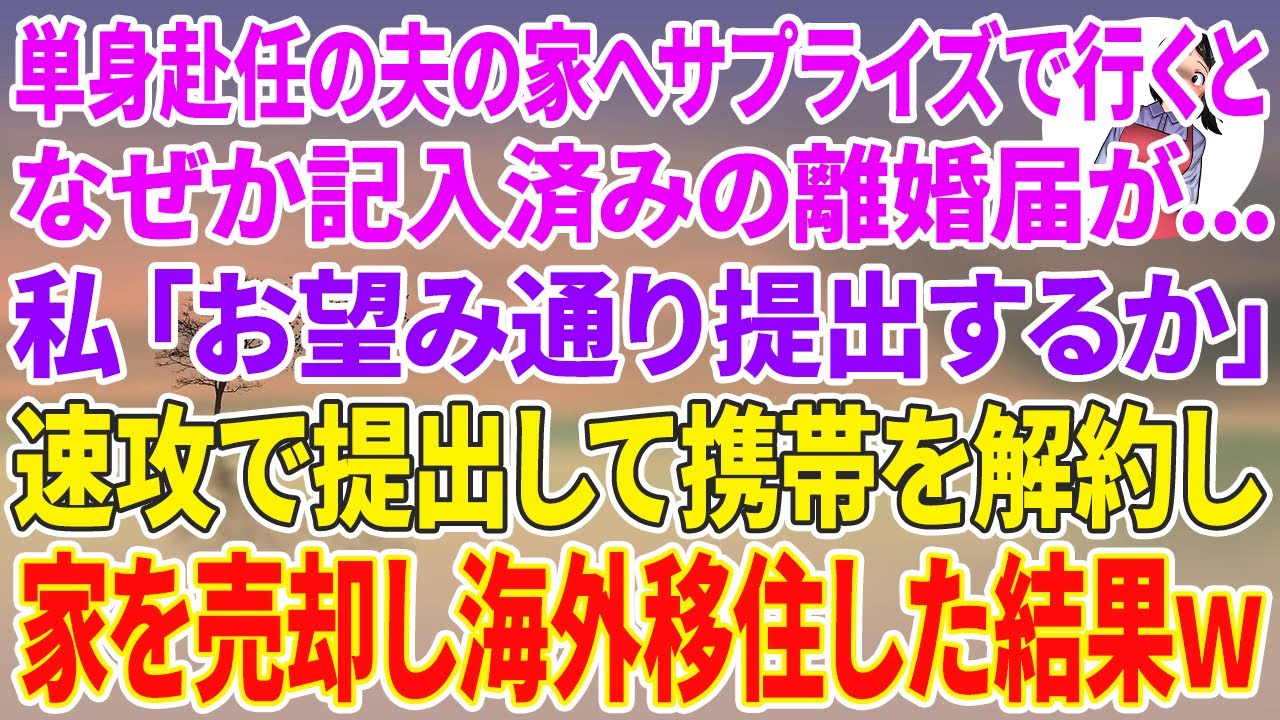 【スカッと総集編】単身赴任の夫の家へサプライズで行くとなぜか記入済みの離婚届が...私「お望み通り提出するか」速攻で提出して携帯解約し家を売却して海外移住した結果w