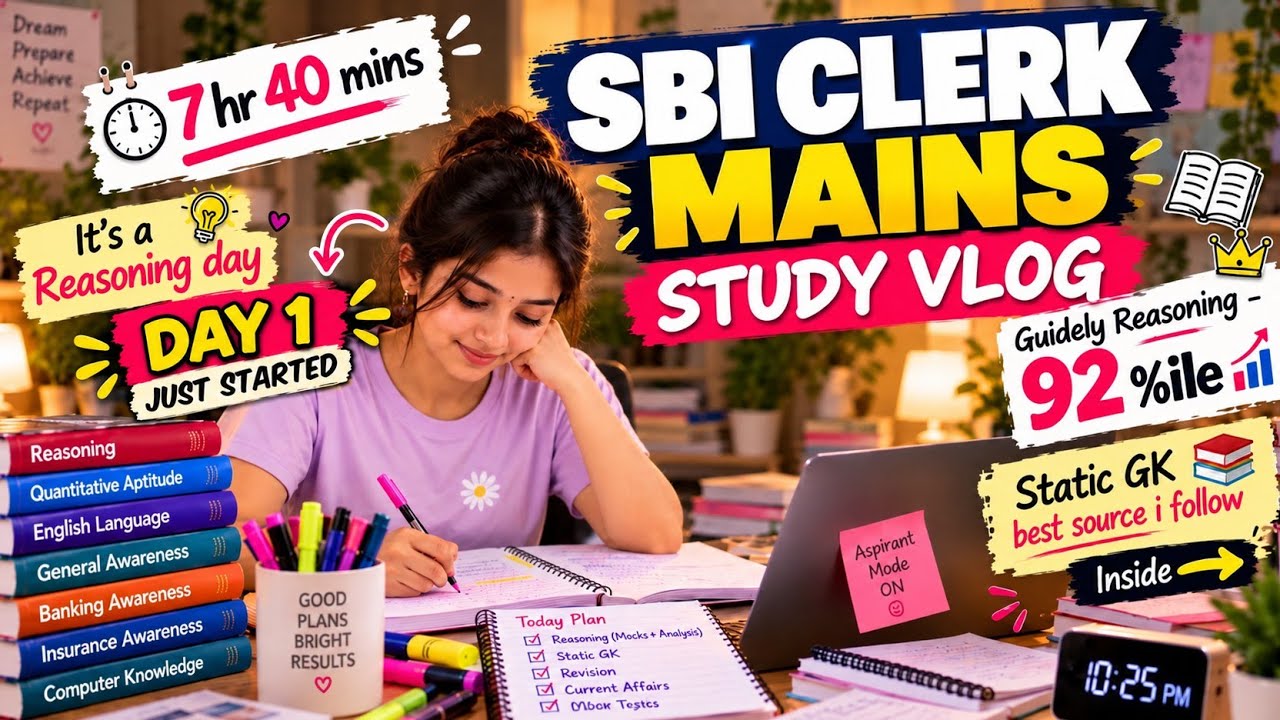 📚 SBI Clerk Mains Study Vlog | 7 Hrs 40 Mins Study Session🔥 | Guidely Mock | Best Static GK Source ✨