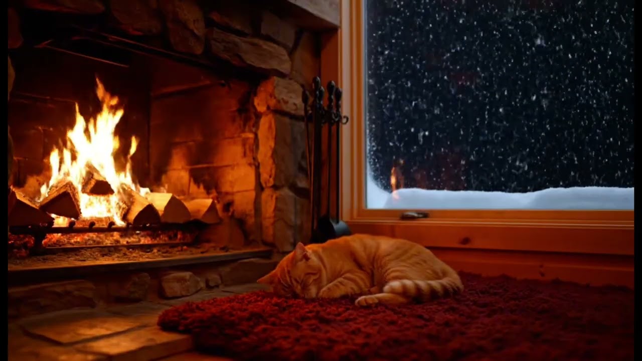4K Cozy Fireplace with Sleeping Orange Cat ❄️🔥 | Relaxing Snow Ambience for Sleep #fireplace #cat