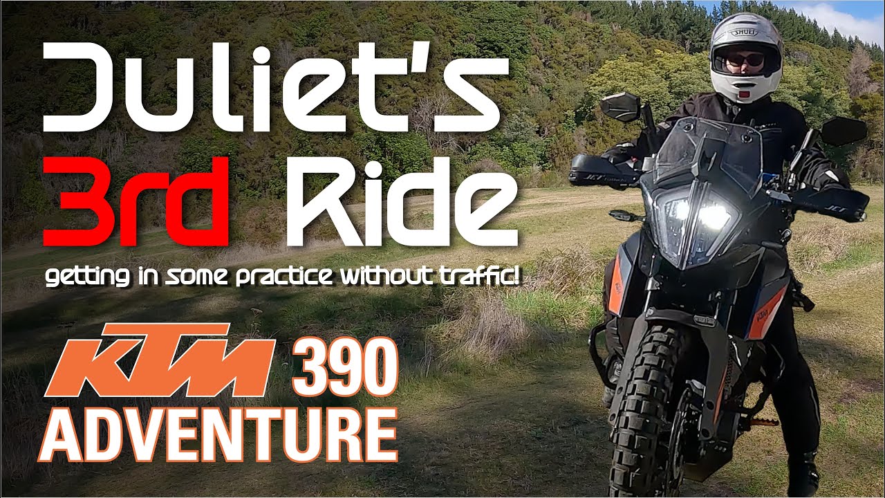 Juliet's lowered 2022 KTM390 Adventure is the best beginner bike to learn on.