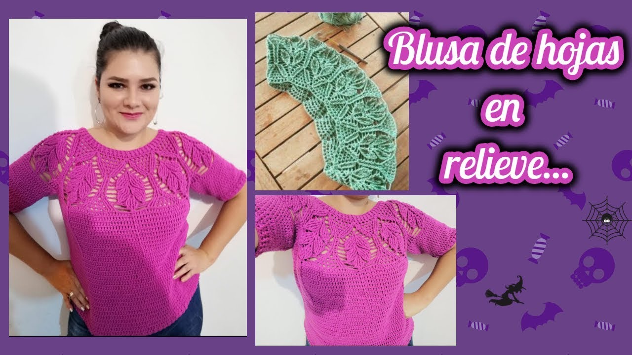 Blusa de hojas en relieve a crochet...