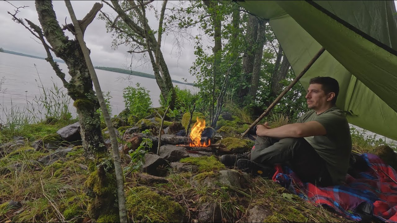 Solo Camping in the Rain - Moody Weather, Cozy Fire, Tarp Shelter, Fishing and Cooking