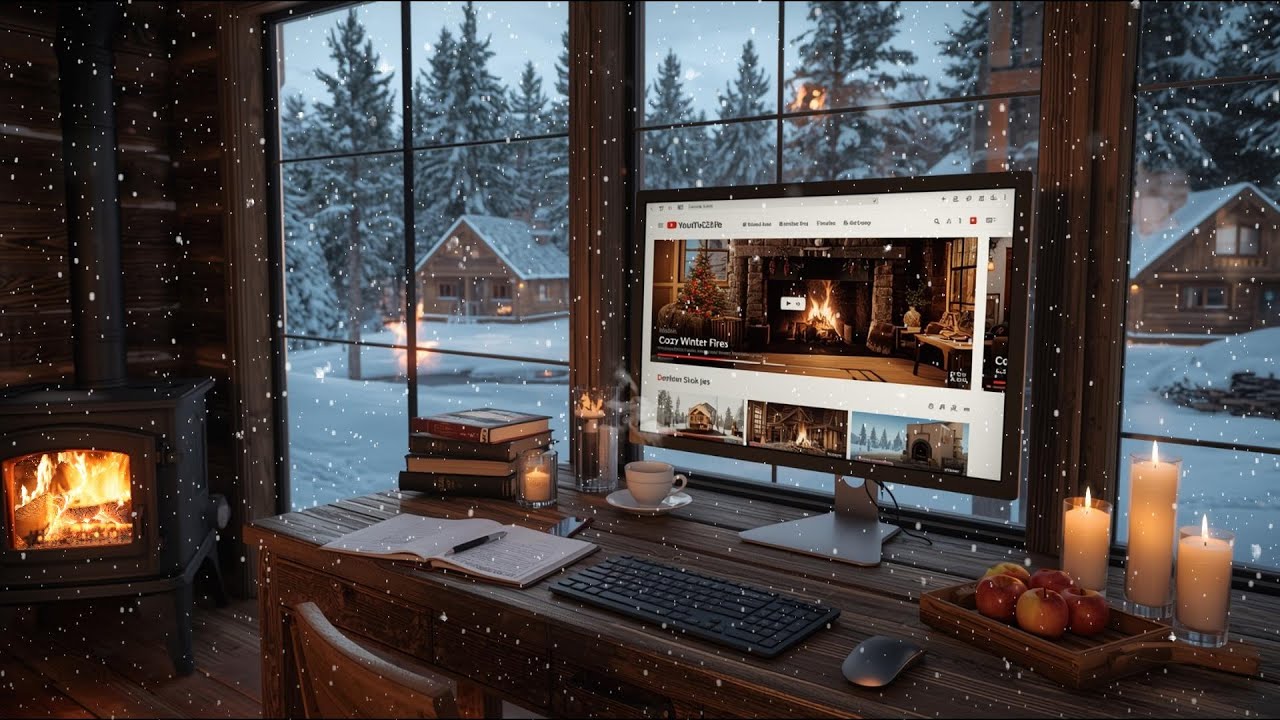 Beautiful Snowy Winter Coffee Shop Morning ❄️ Soft Piano & Fireplace Ambience for Study & Work