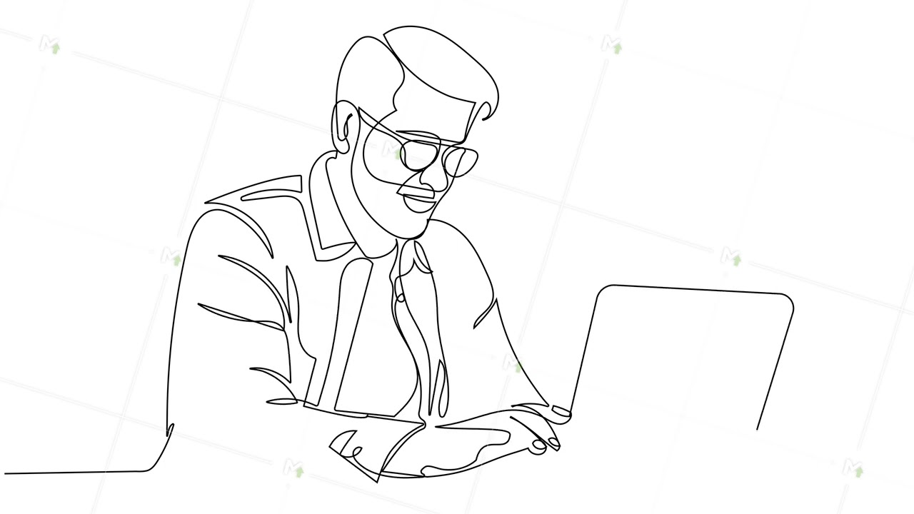 Self drawing continuous line animation of young man using laptop
