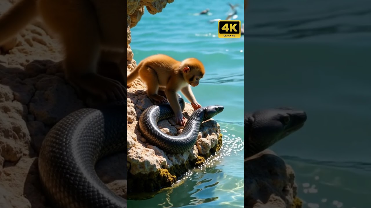 Unbelievable Moment! Curious Baby Monkey Meets Massive Snake on Sunlit Coral