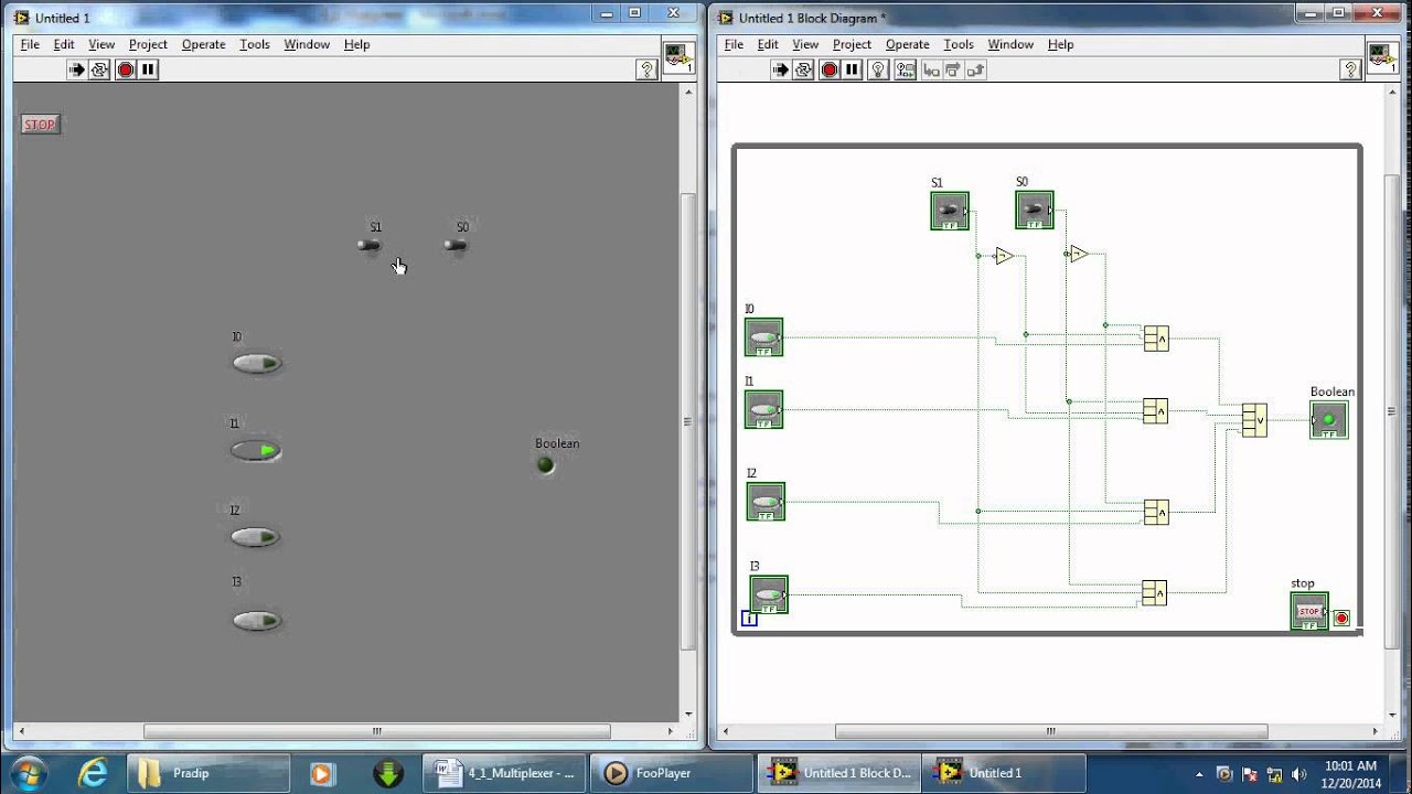 4:1 Multiplexer design using Labview