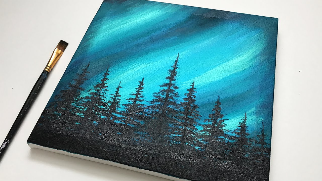 Acrylic Painting For Beginners | Northern Lights Forest | Aurora Acrylic Tutorial