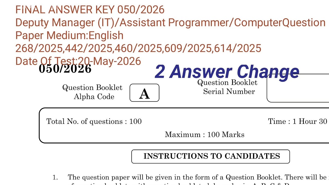 050/2026 Deputy Manager (IT)/Assistant Programmer/Computer  268/2025,442/2025 FINAL ANSWER KEY