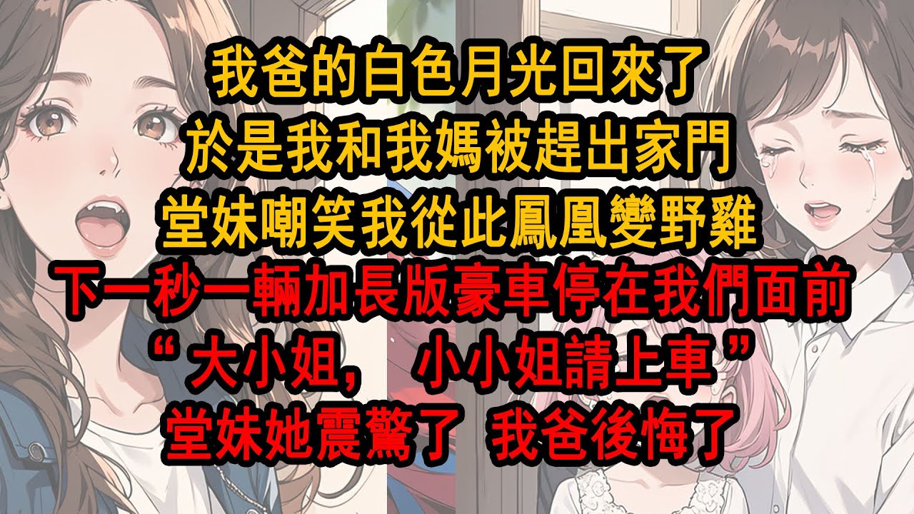 我爸的白月光回來了，於是我和我媽被趕出家門，堂妹嘲笑我從此鳳凰變野雞，下一秒一輛加長版豪車停在我們面前，首富管家鞠躬請我們上車：大 小姐，小小姐請上車，堂妹她震驚了，我爸後悔了