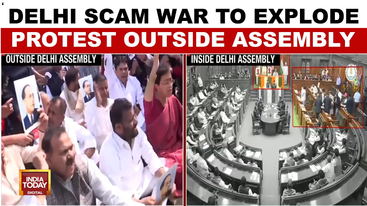 AAP Protests BJP's Photo Placement In CM's Office As CAG Reports Tabled In Delhi Assembly
