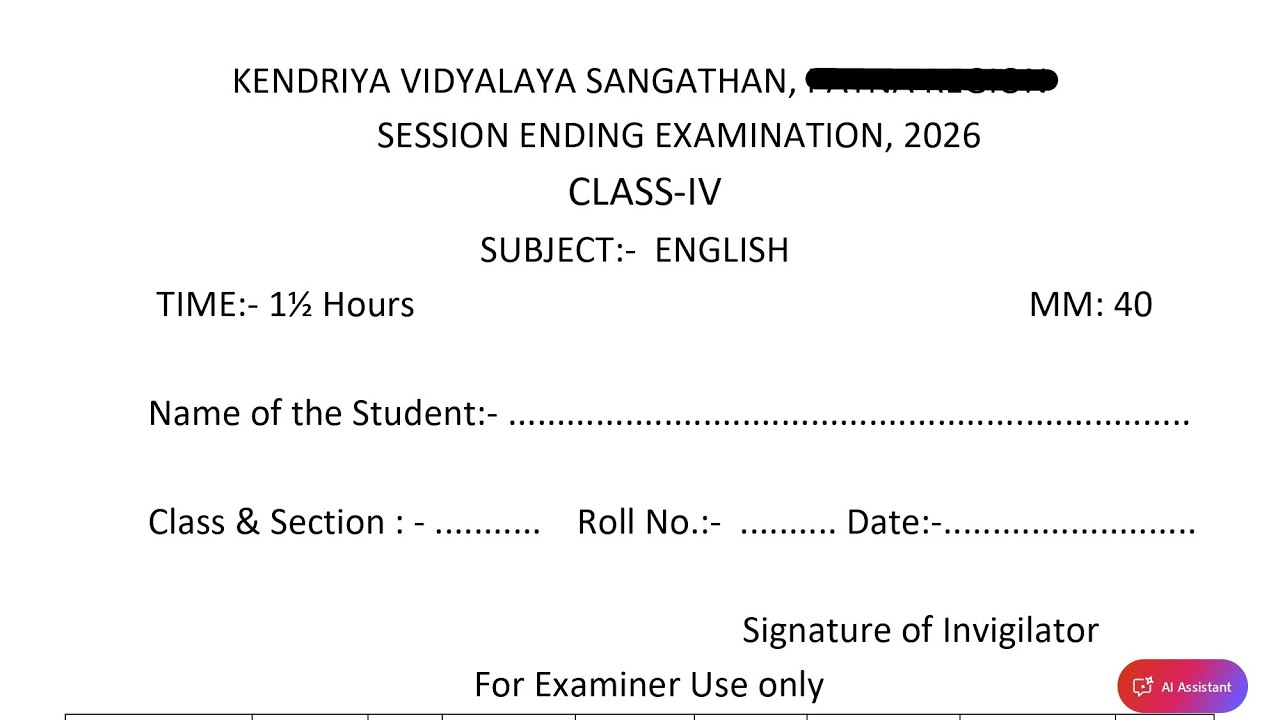 Class-4 English (Set-3) Annual Exam 2026 Question Paper Session Ending PM SHRI KV Term2