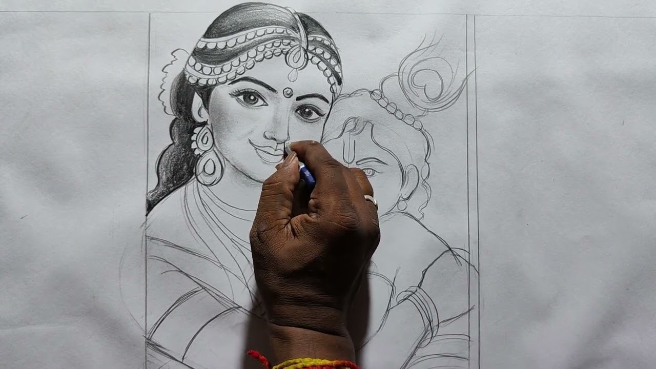 how to draw ball gopal an maa yashoda easy penil sketch,lord krishna and maa yashoda drawing,
