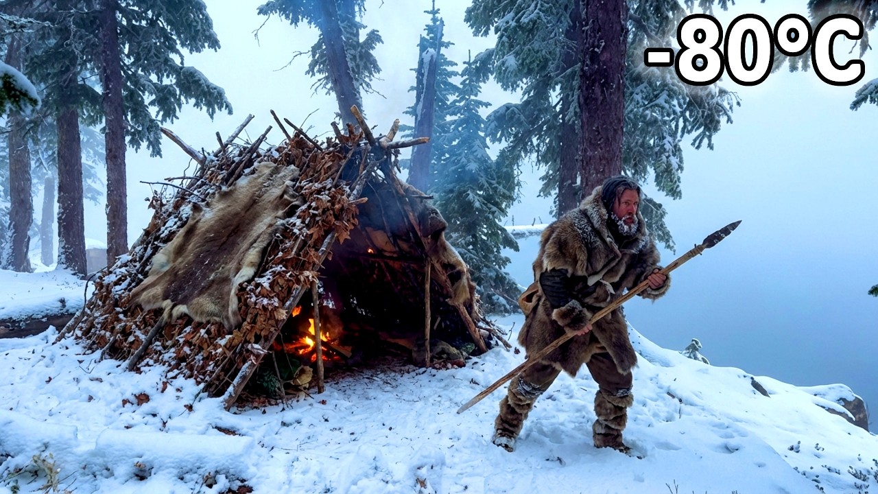 POV: Primitive Snow Shelter on a Mountain Ledge | Close-Up Cooking & Cozy Fire