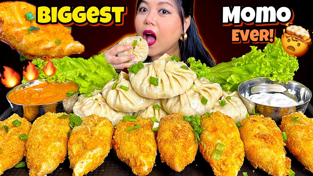 EATING THE BIGGEST MOMO EVER WITH 🔥 SPICY CHUTNEY | Giant Steamed & Kurkure Momos | MUKBANG ASMR