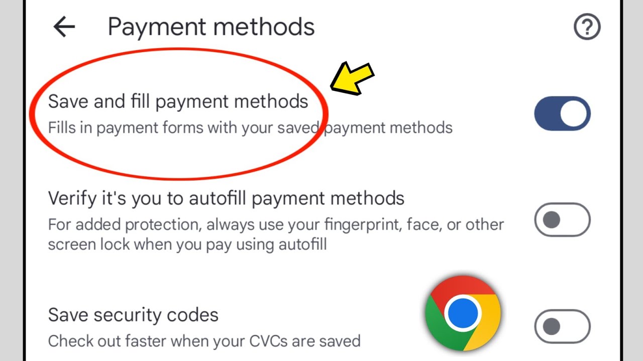 Save and fill payment methods settings on chrome