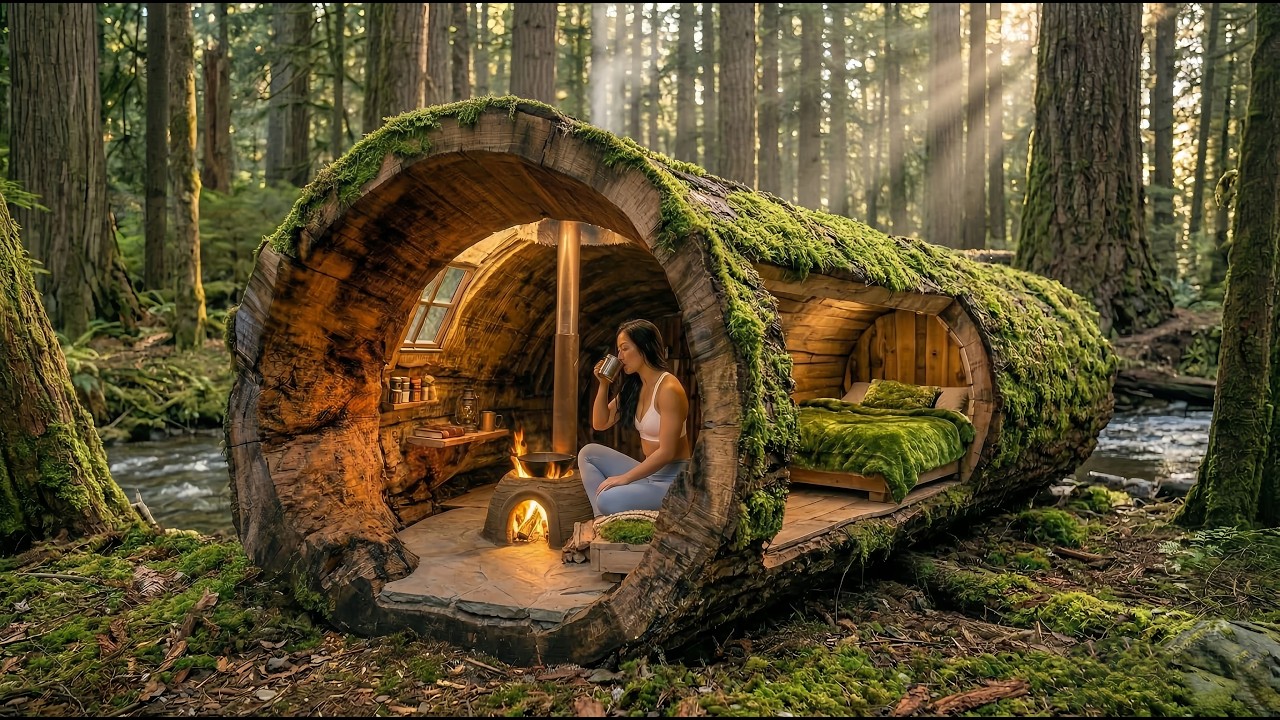 I Built a Secret Luxury Shelter Inside a Giant Fallen Tree Log #survival #camping