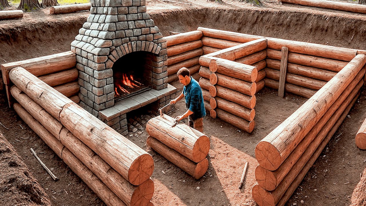 Man Builds Secret 2-Room Underground Log Cabin | 1-Year Timelapse by @bushcraftua