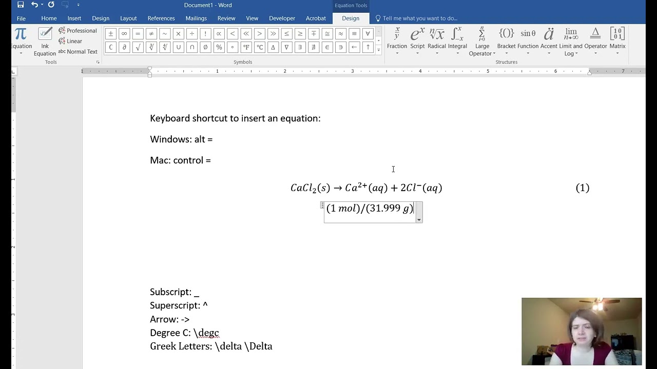Using the Equation Editor in MS Word - Keyboard Shortcuts