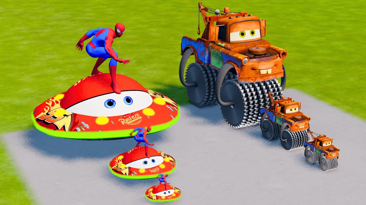 Big & Small McQueen Spiderman & Mater VS Train | BeamNG.drive