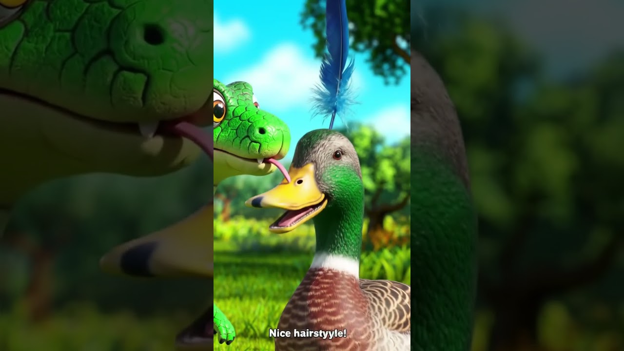 Snake finds a feather and puts it on his head.Duck laughs: Nice hairstyle!” 