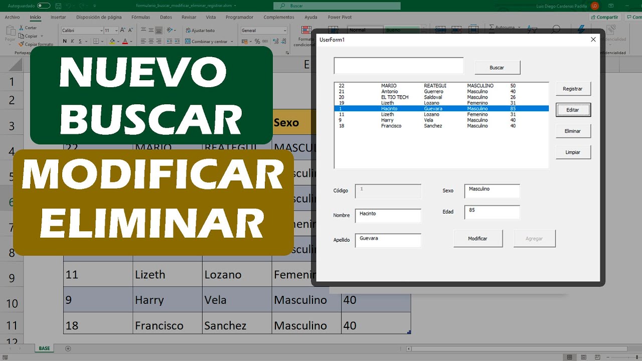 Formulario en VBA Excel (Nuevo, Modificar, Buscar, Eliminar, Limpiar)