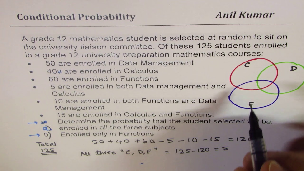 Conditional Probability with Venn Diagram Students taking three Subjects