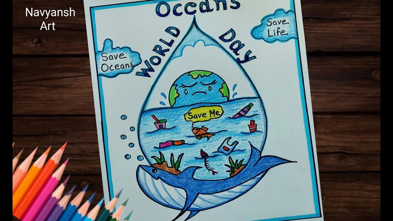 World Oceans Day drawing / Save Ocean poster drawing idea / Stop Ocean Pollution Save Life drawing