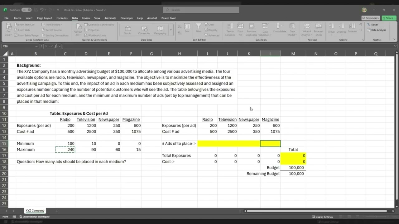 Excel Solver: Advertising Budget Optimization (Media Mix / Linear Programming)