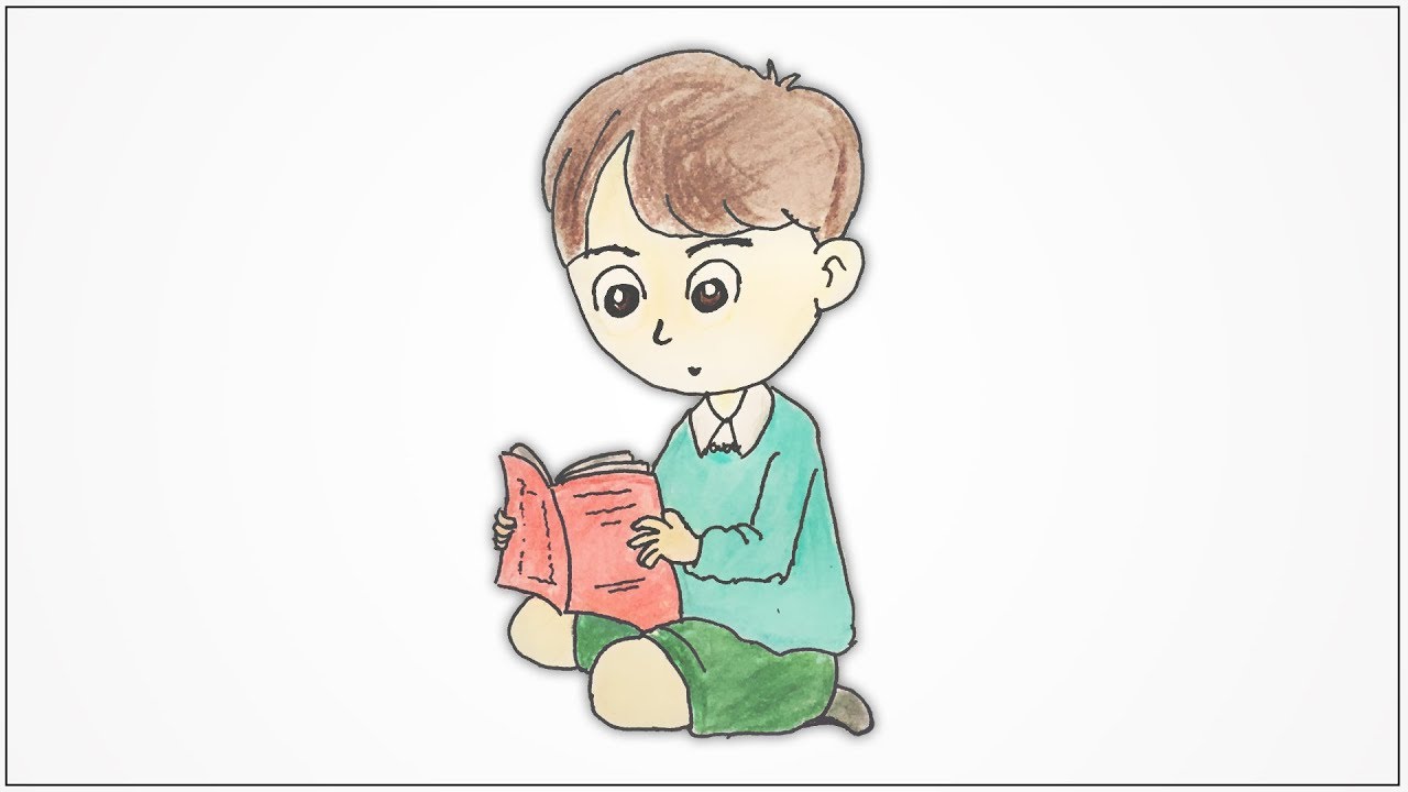 How to draw a boy sitting and reading a book step by step