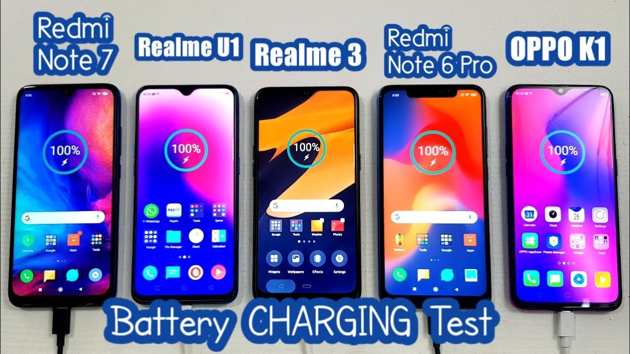 Redmi Note 7 vs Realme U1 vs Realme 3 vs Redmi Note 6 Pro vs Oppo K1 BATTERY CHARGING TEST