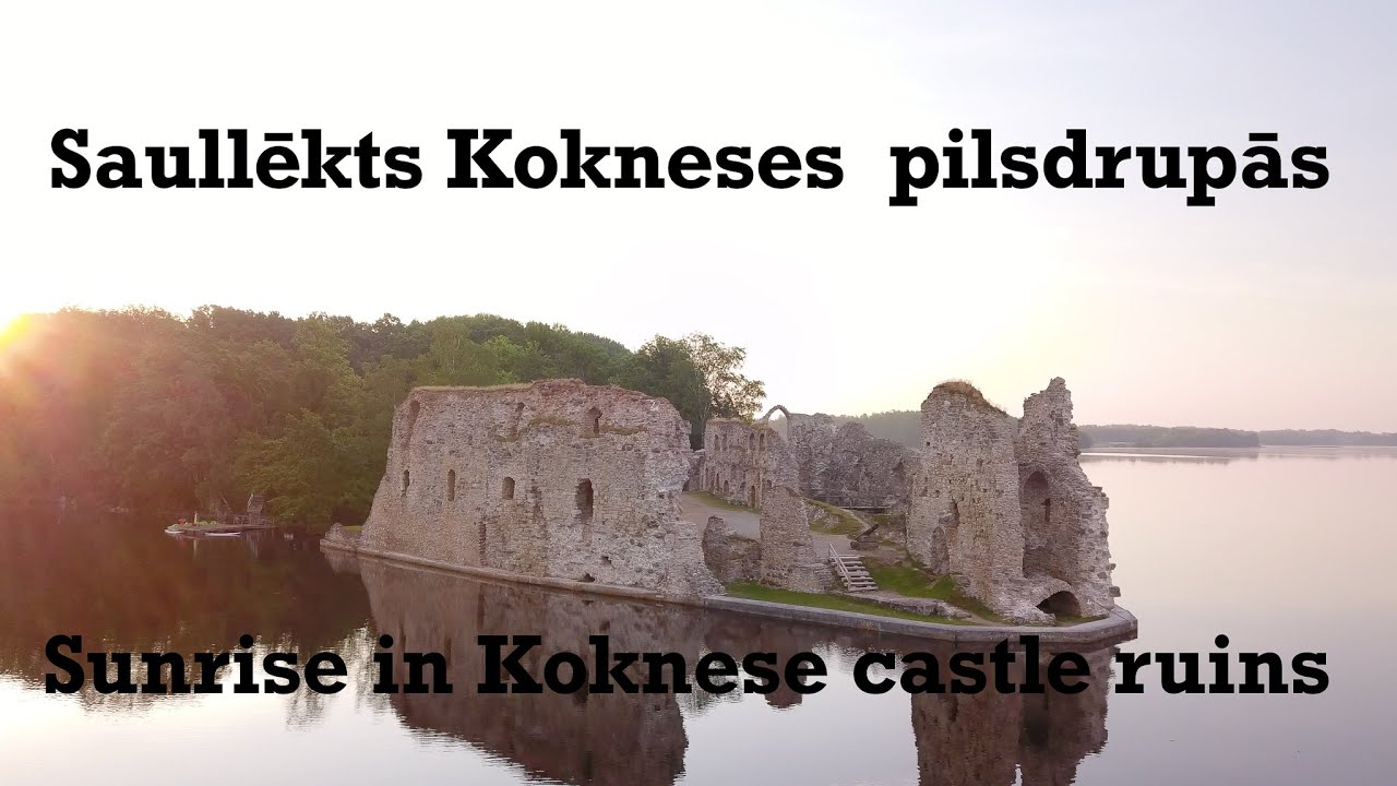 Koknese castle ruins during Sunrise 2020 4k.  DJI Mavic Pro Platinum. Kokneses Pilsdrupas saullēktā.