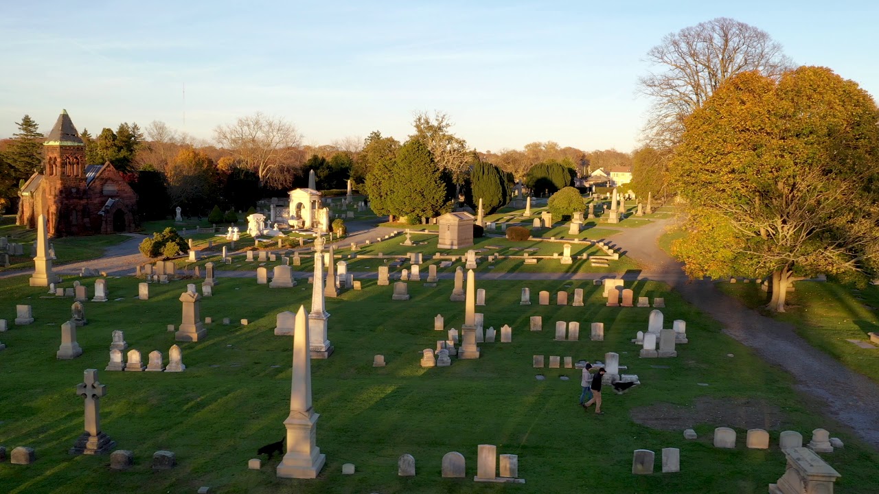 4K Drone Fall Autumn Sunset, Common Burying Ground and Island Cemetery, Newport Rhode Island