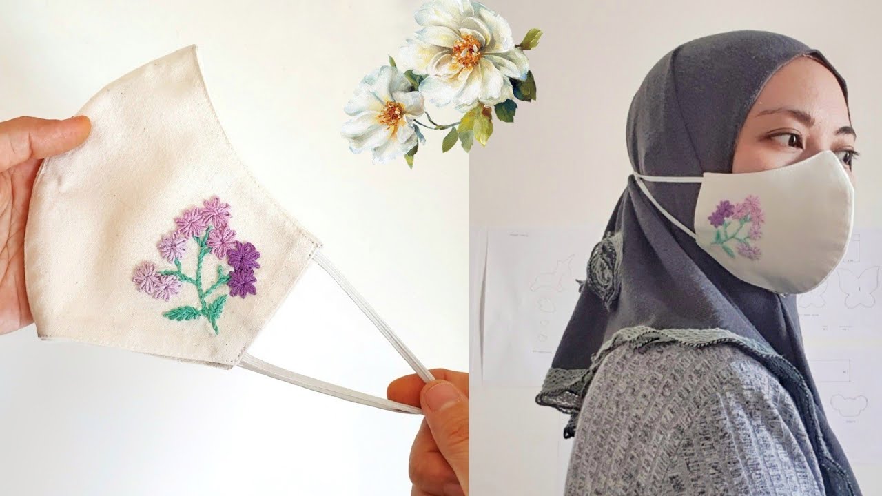 😷 Masker sulam benang kain blacu - Masker kain tali karet | hand embroidery face mask