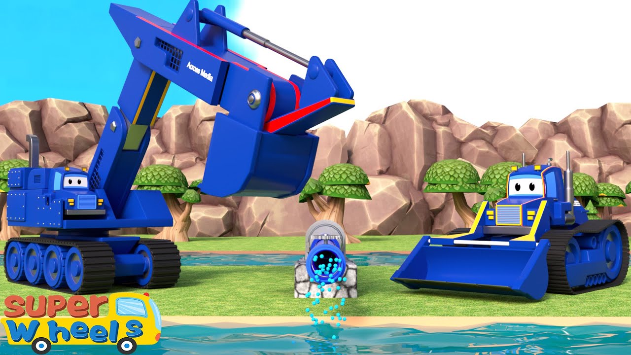 Construction vehicles repair car wash building—dump truck, bulldozer and excavator for kids