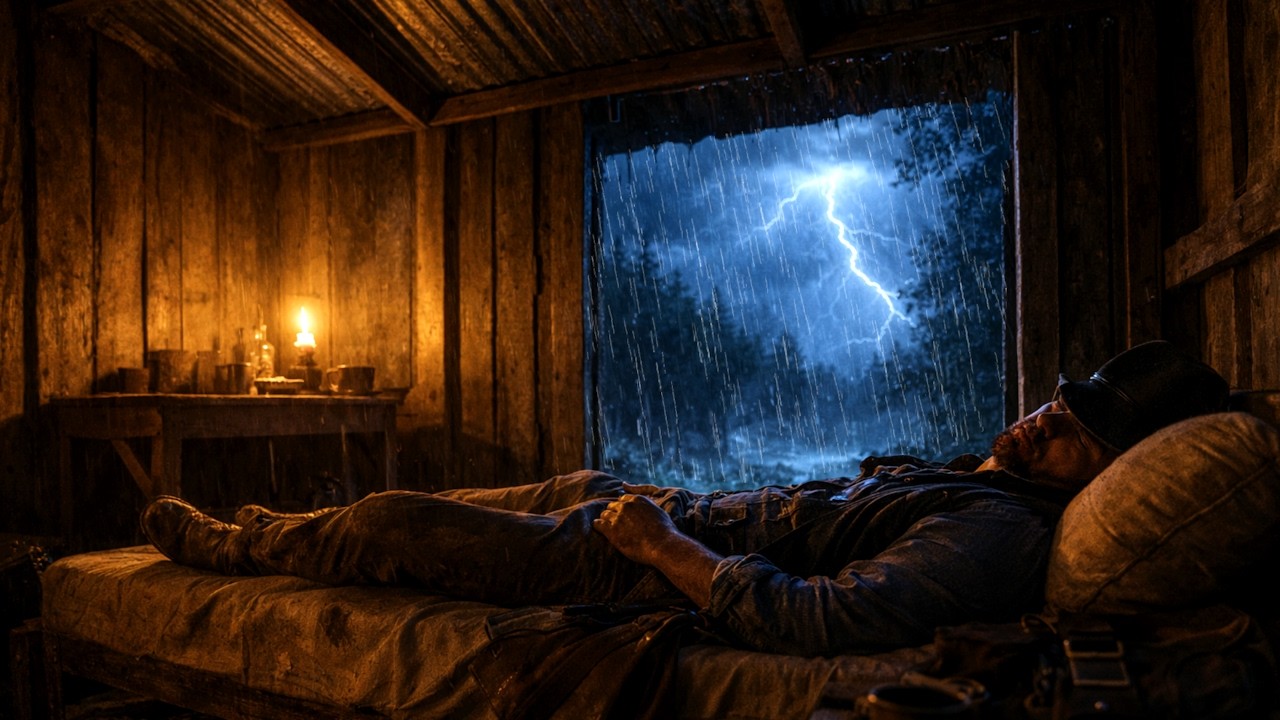 Одинокая бурная ночь Артура под старым домом с цинковой крышей. Одиночный кемпинг под проливным дожд
