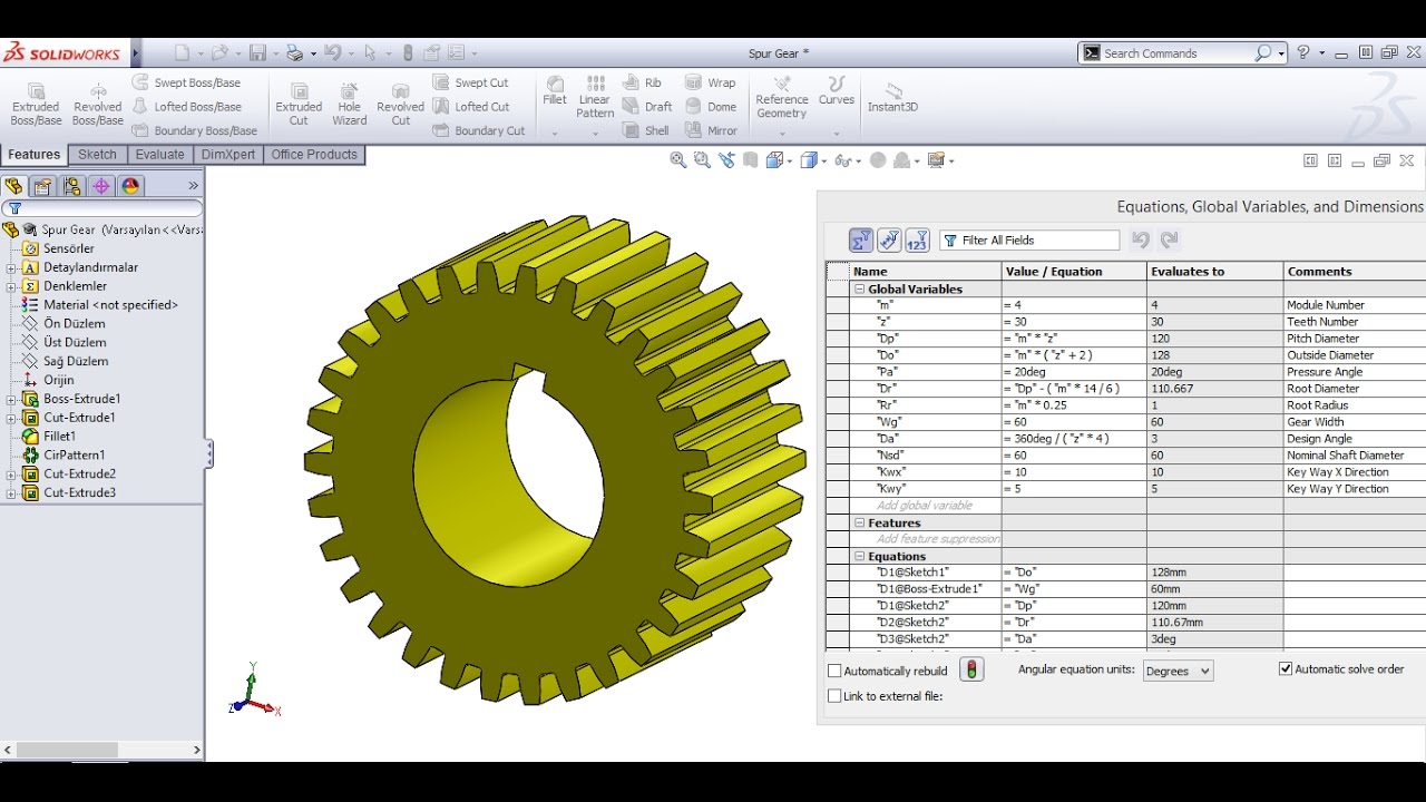 Spur Gear Drawing with Equations in SolidWorks