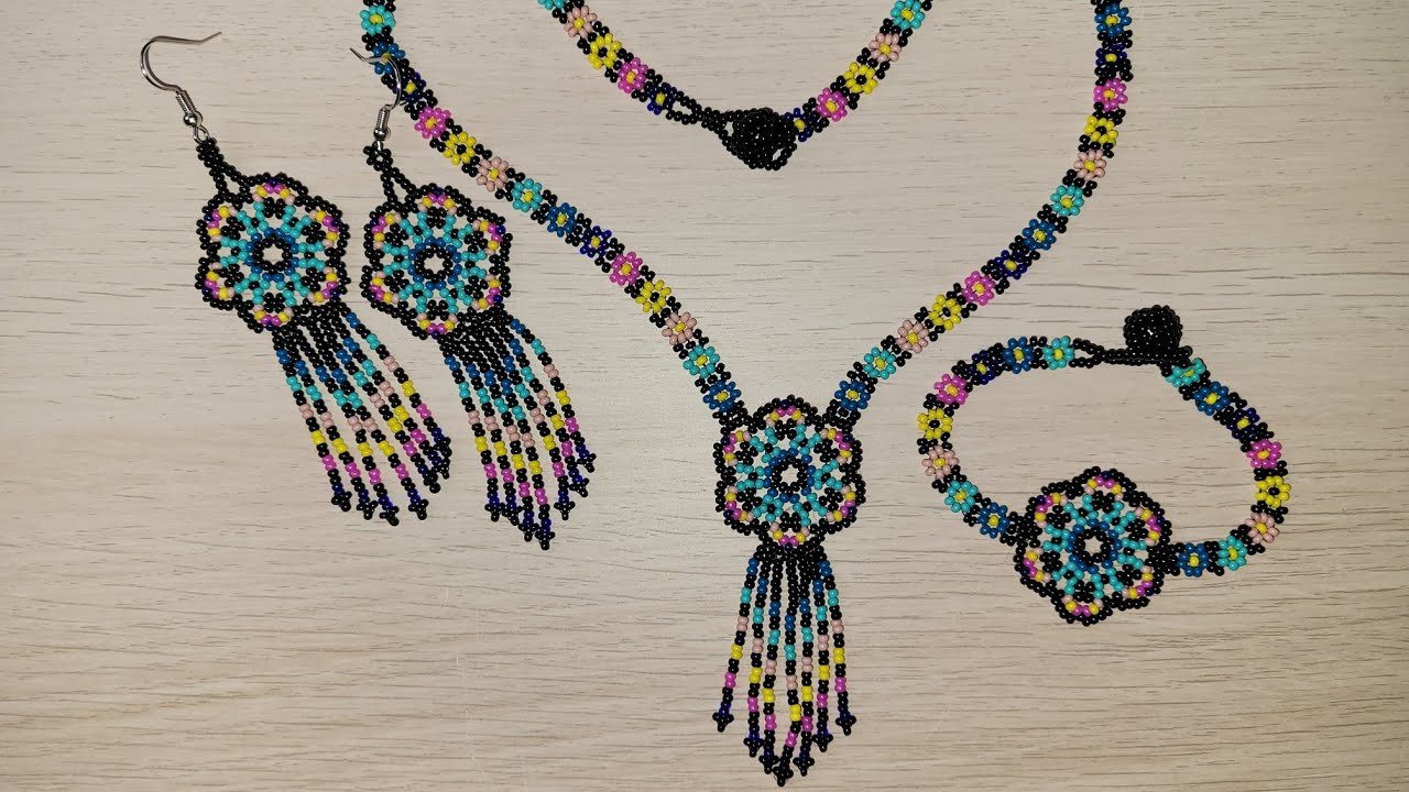 BISUTERIA FACIL PASO A PASO SET DE PULSERA ARETES Y COLLAR HUICHOL #mostacillas #huichol