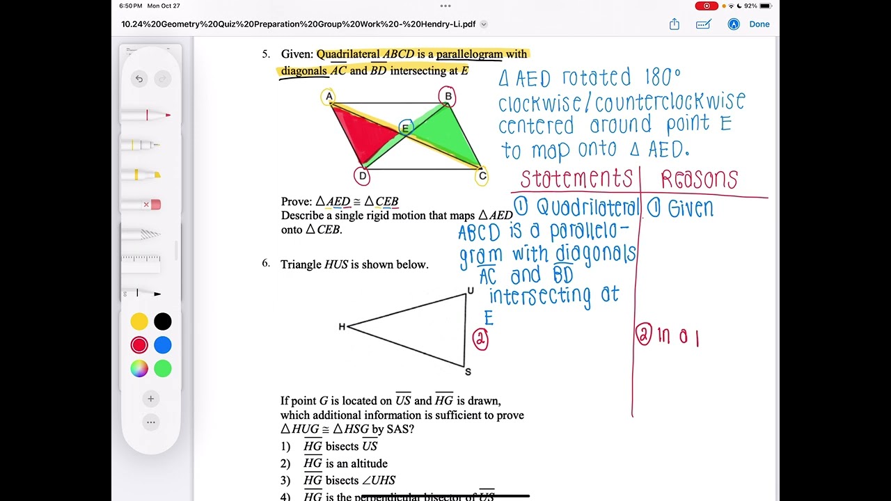 Geometry Quiz Review Q#5 Proving Two Triangles are Congruent Using Properties of a Parallelogram