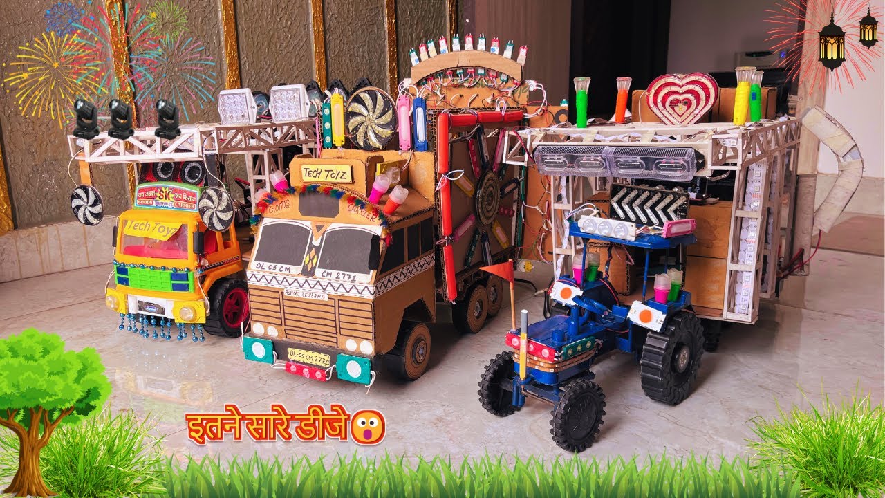 truck vs mini tractor dj loading | competition dj truck | small cardboard dj truck setup | tech toyz