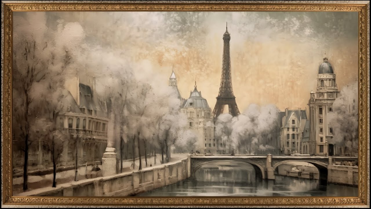 Vintage Paris Flowering Trees, View of Eiffel Tower, Oil Painting | Framed Art Screensaver for TV