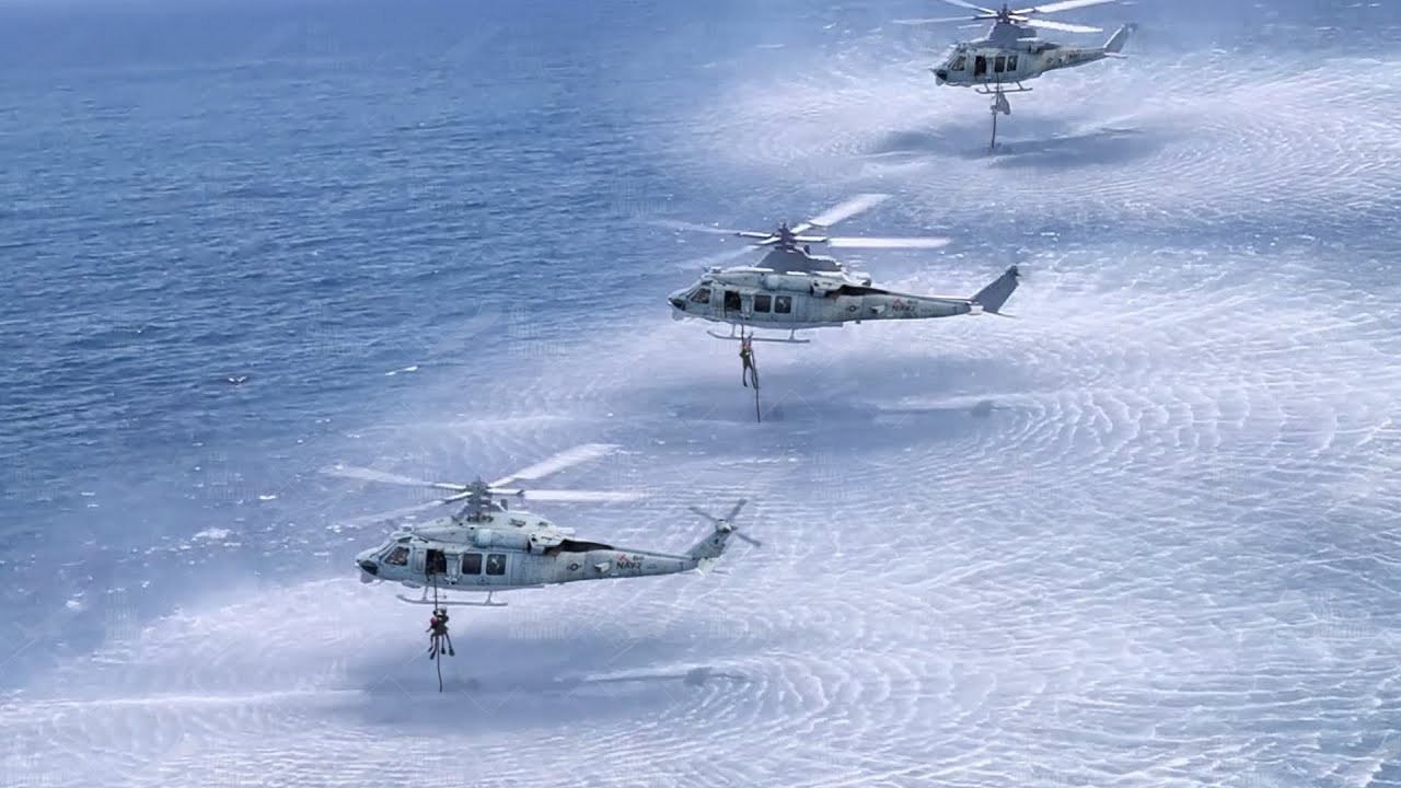 US Marines Helicopters in Action Inserting Elite Troops at Sea