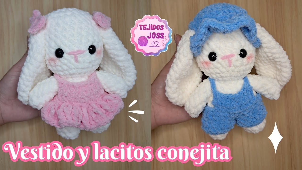 Vestido y lacitos conejita amigurumi tejida en chenille | Tejidos Joss |